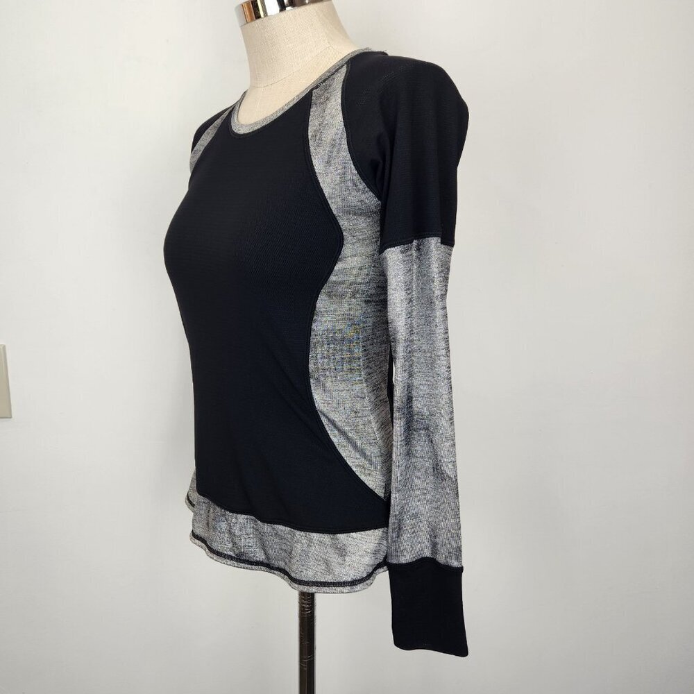 Nux Long‎ Sleeve Workout Top M Black Silver Colorblock Crew Neck Activewear - Picture 2 of 9